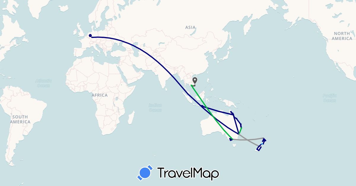 TravelMap itinerary: driving, bus, plane, boat, motorbike in Australia, Germany, Indonesia, Cambodia, Malaysia, New Zealand, Vietnam (Asia, Europe, Oceania)