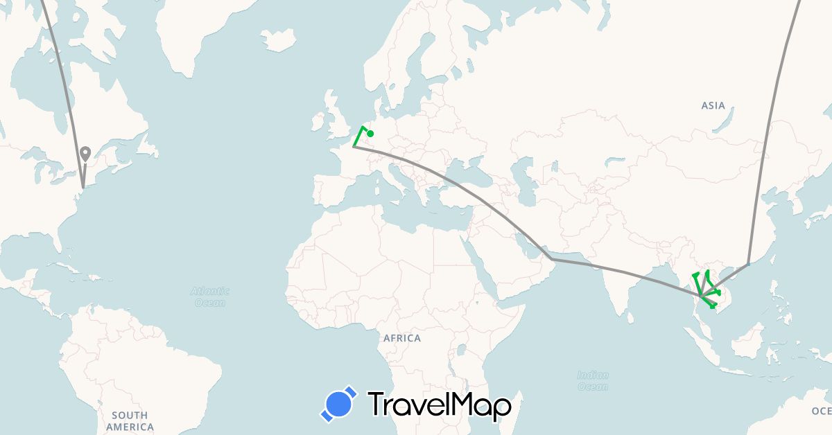 TravelMap itinerary: driving, bus, plane, train, boat in Canada, Germany, France, Hong Kong, Cambodia, Laos, Netherlands, Oman, Thailand, United States (Asia, Europe, North America)