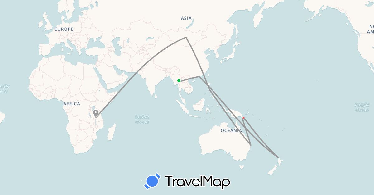 TravelMap itinerary: driving, bus, plane, hiking in Australia, Hong Kong, Mongolia, New Zealand, Papua New Guinea, Philippines, Thailand, Yemen (Asia, Oceania)